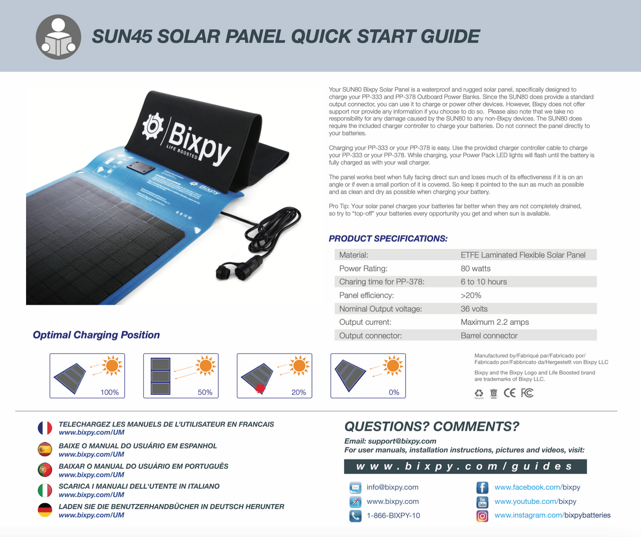 Bixpy SUN80 Waterproof Solar Panel - Rugged Venture